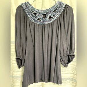 Anthropologie Boho Women’s Medium Blue Knit Top Lightweight 3/4 Sleeve Blouse